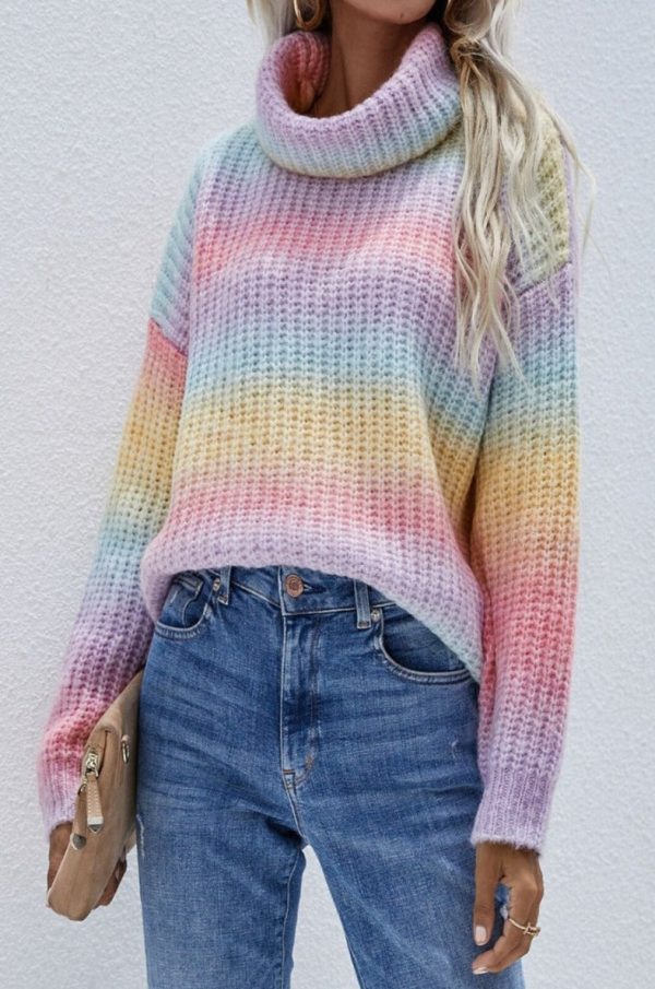 Rainbow Rib-Knit Turtleneck Drop Shoulder Sweater (2 Colors)